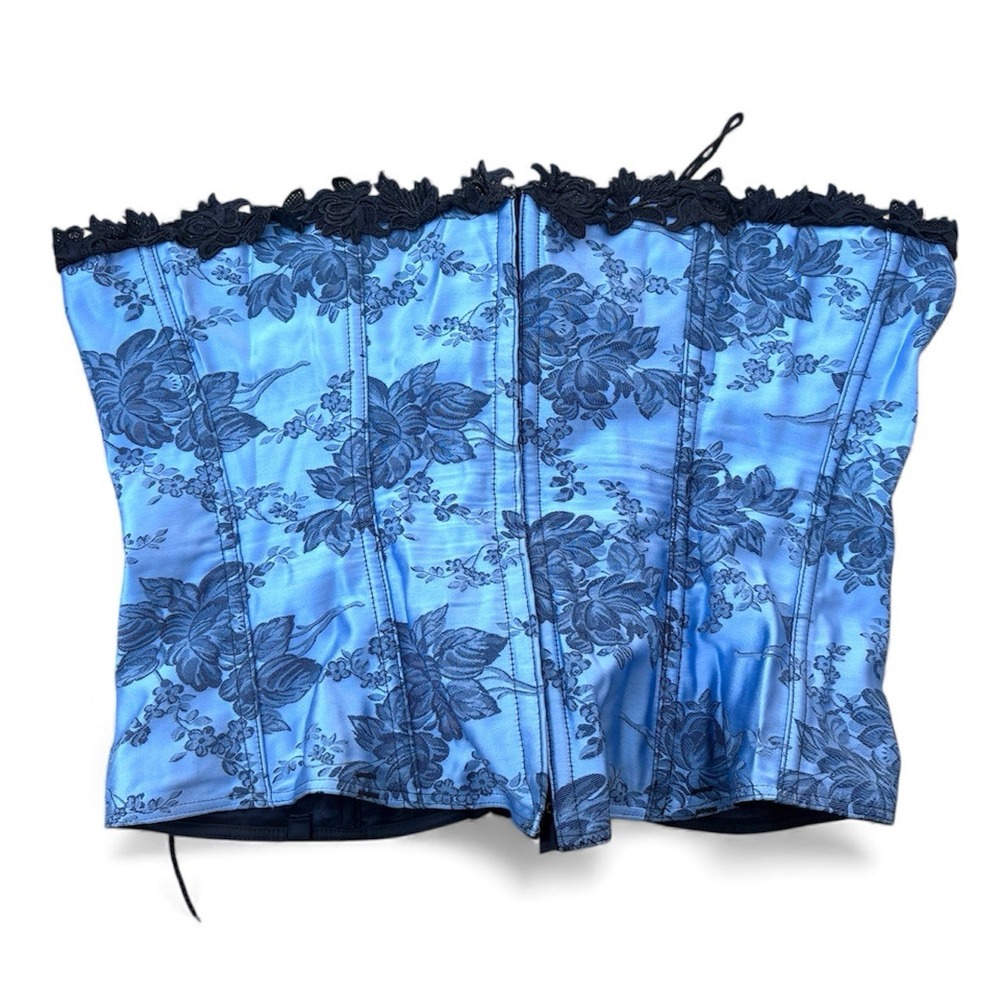 Vintage 90s Empire Intimates Blue Floral Lace Up Corset Size 46 Made in USA